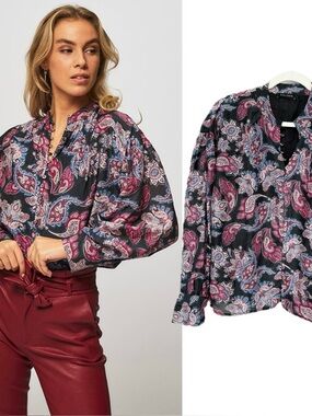 Magali Pascal Anita Cotton Silk Paisley Black Pink Long Sleeve Blouse L